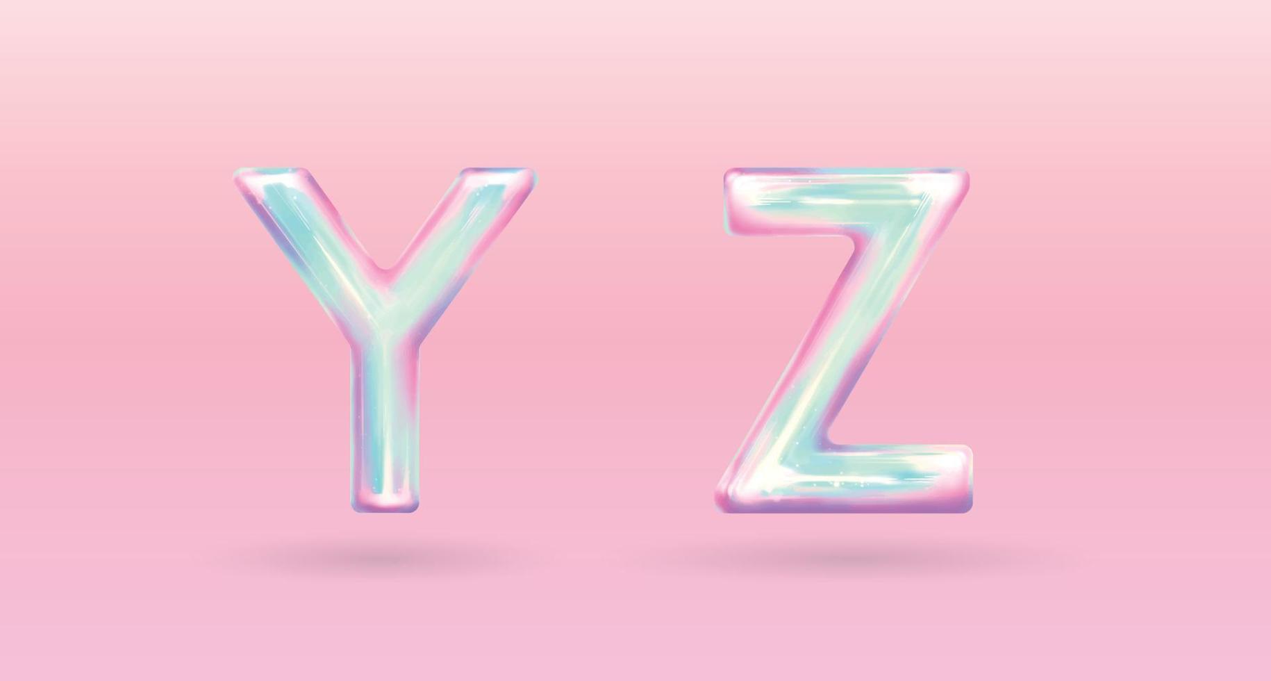 modern holographic alphabet letter Y Z uppercase. vector of holographic font isolated on pastel background.