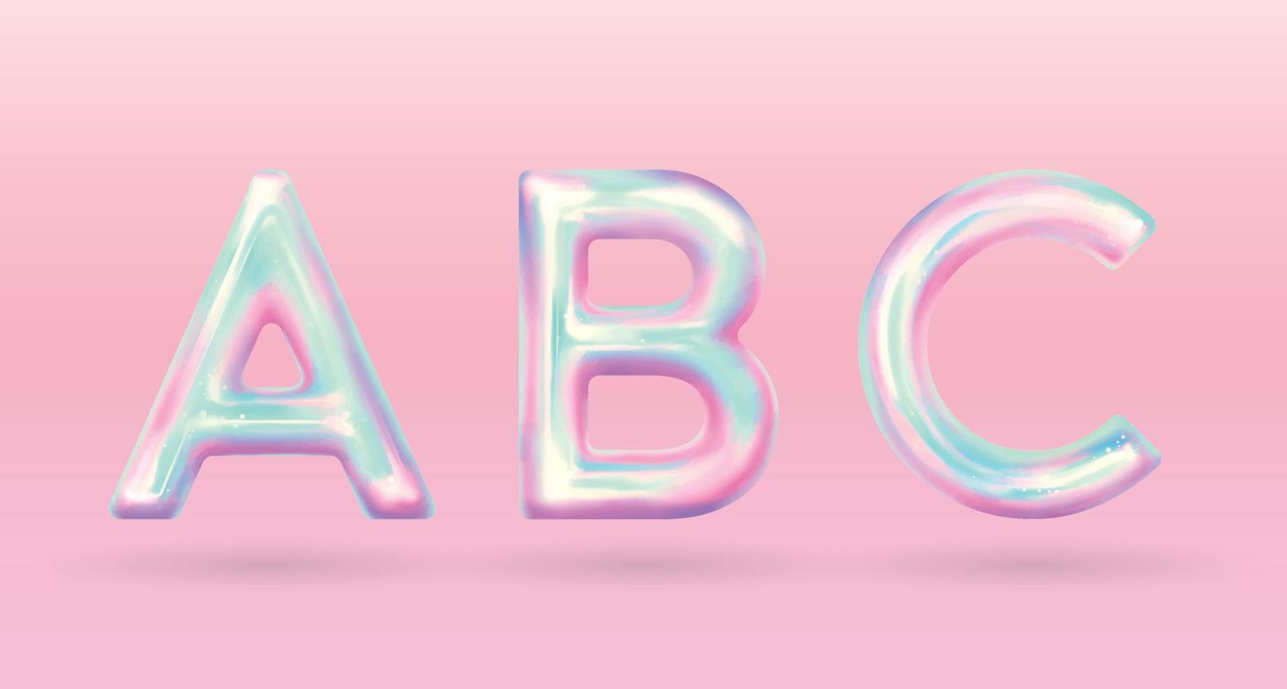 modern holographic alphabet letter A B C uppercase. vector of holographic font isolated on pastel background.