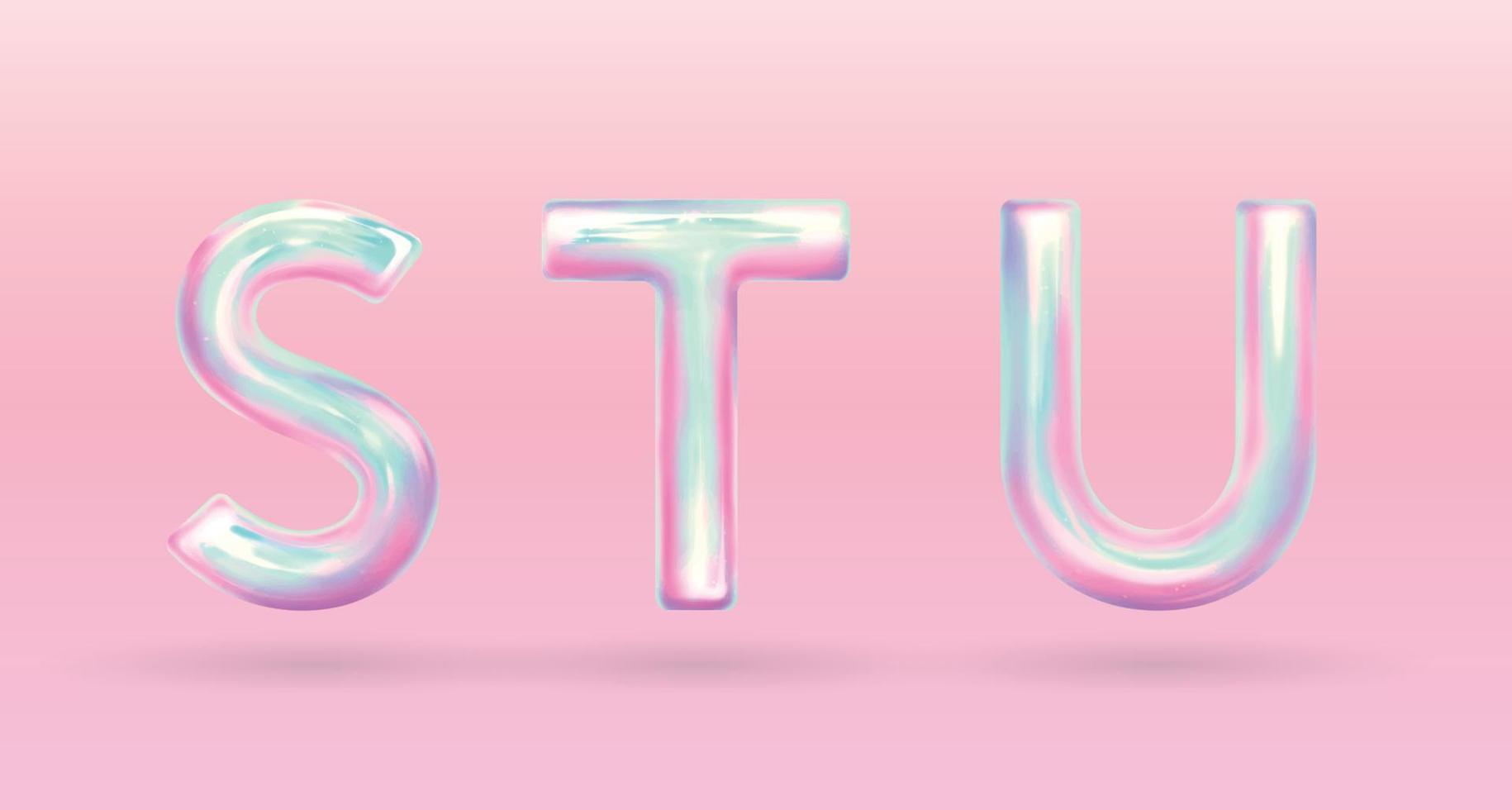 modern holographic alphabet letter S T U uppercase. vector of holographic font isolated on pastel background.