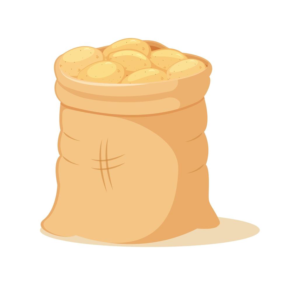 Canvas bag filled with mountain of potatoes. vector