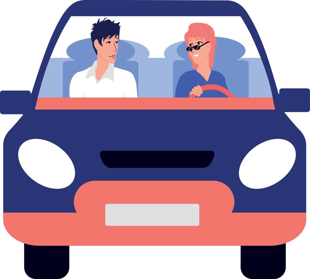 viaje. amoroso hombre y mujer. andando en un coche azul. la chica está conduciendo. vector