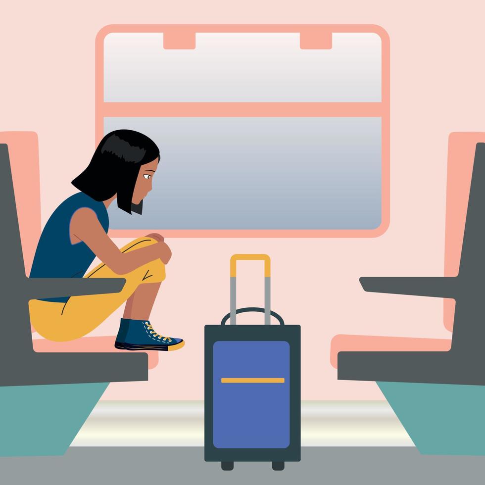 girl is traveling by train. Serious girl sits and thinks vector
