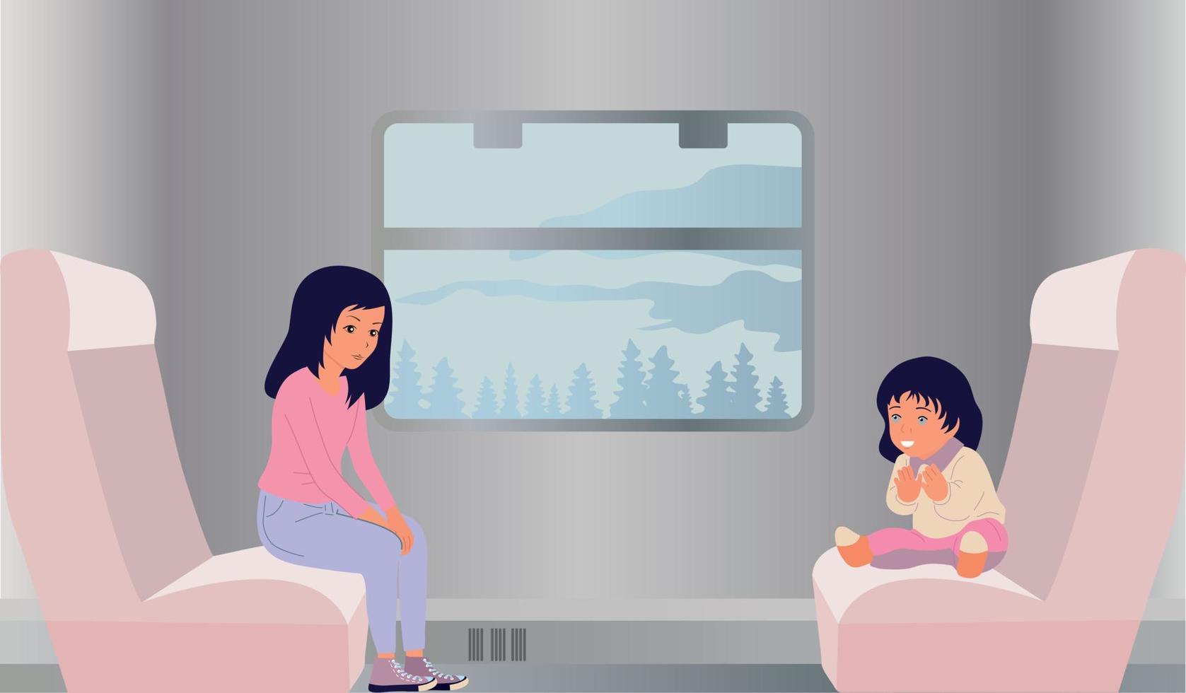 mujer y un niño están en un tren. viajar con una niña. vacaciones, viaje por carretera vector