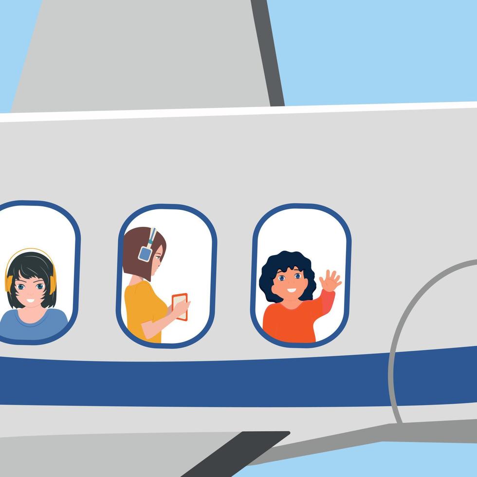 los niños con auriculares vuelan en un avión. sus caras son visibles en el ojo de buey. un viaje divertido adolescentes a bordo. los pasajeros miran por la ventana durante el vuelo vector