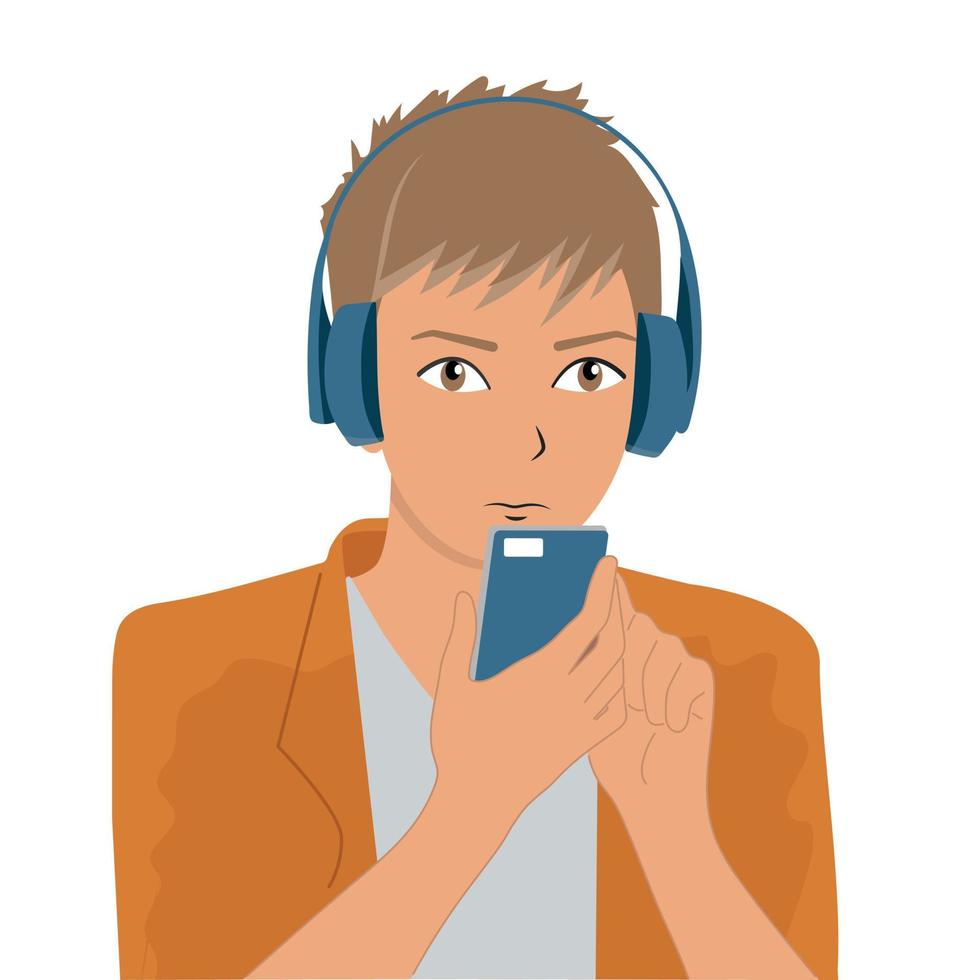 Young guy listens to music and podcasts in headphones vector