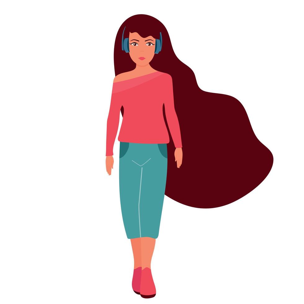 Girl in headphones listens to music.Young woman with very long hair walking down the street vector