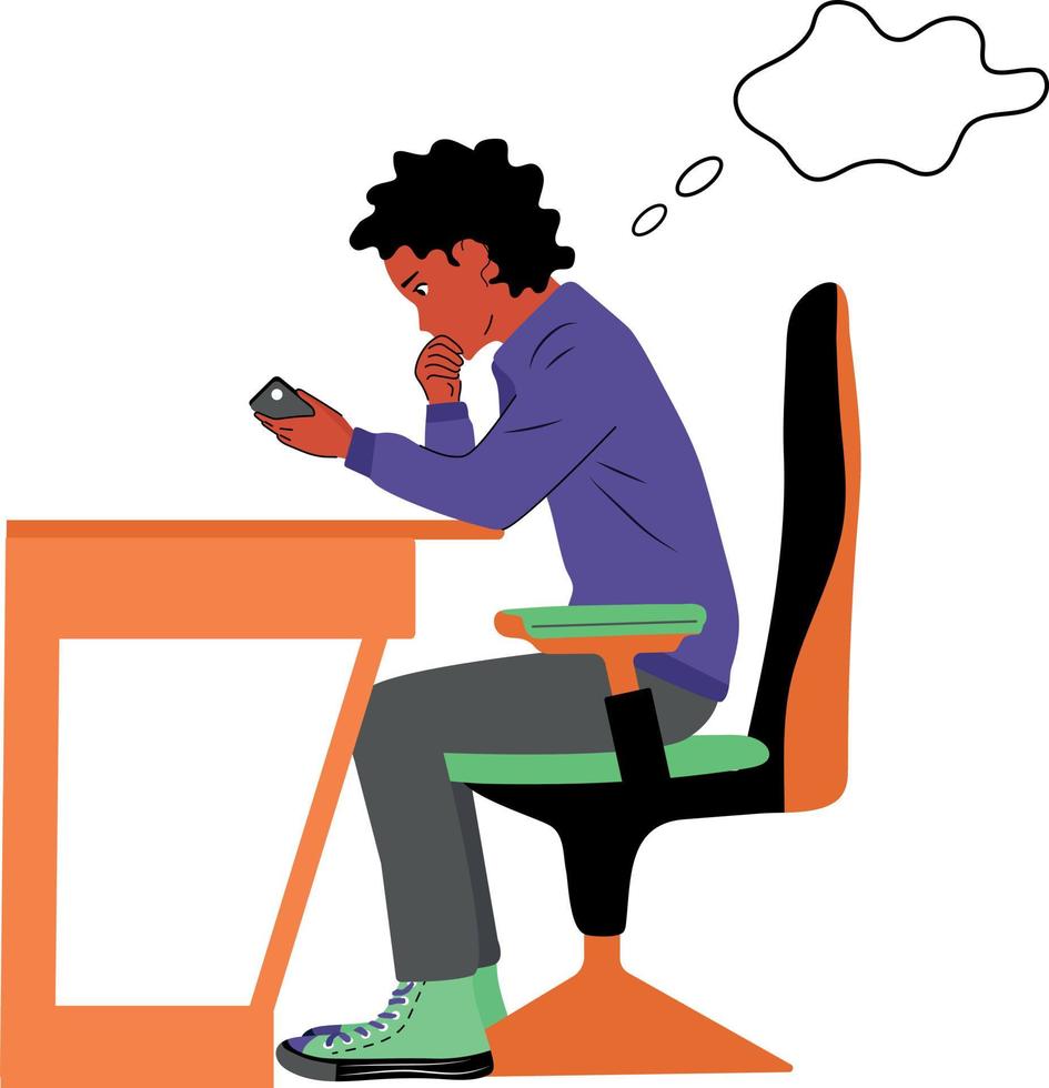 Black guy sits at a desk and looks at the phone. vector