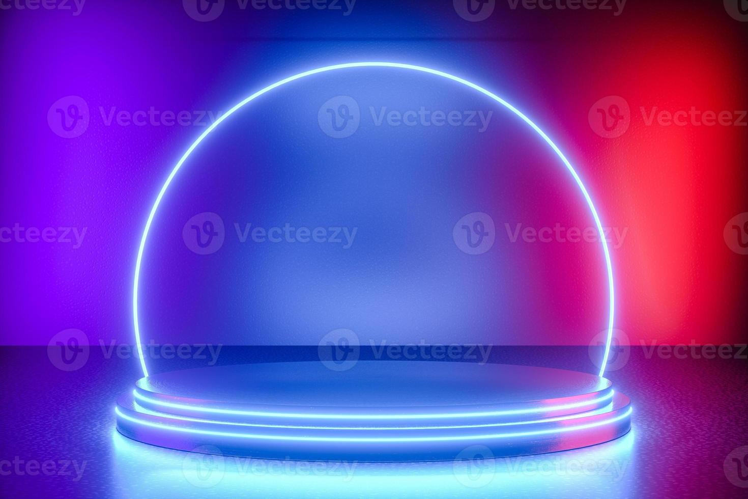 3D Illustration. Empty podium illuminated with neon glowing lights. Futuristic background photo