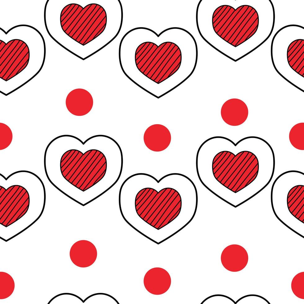 Seamless pattern of striped two-layer hearts for Valentines Day, doodle hearts and pink dots on a white background vector