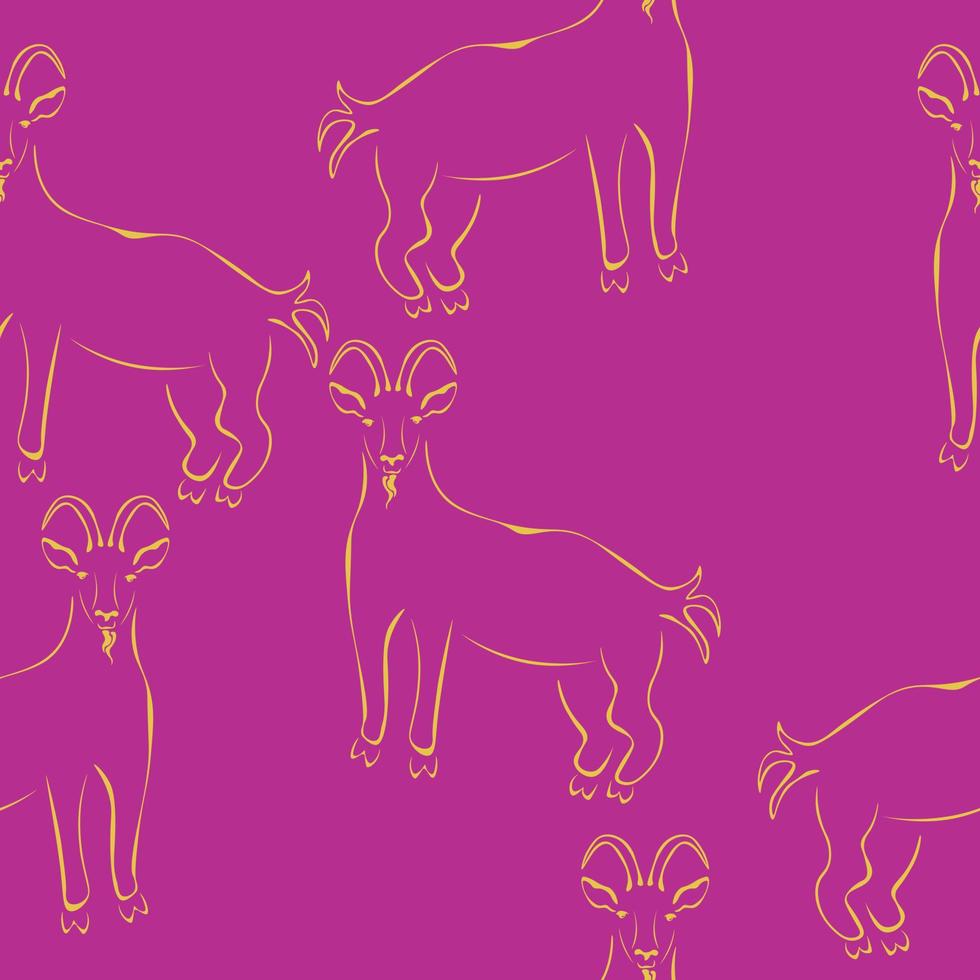 Goat stylized silhouette seamless pattern, yellow outline goat on a pink background vector