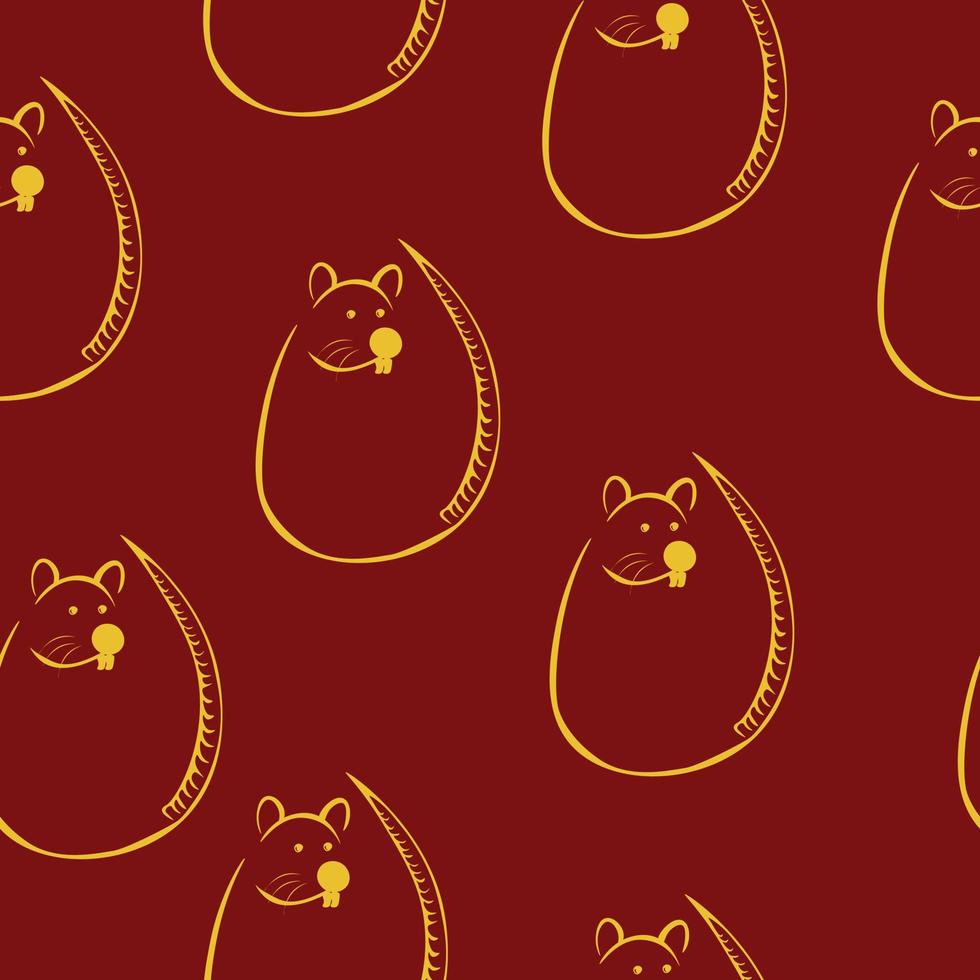 Rat stylized silhouette seamless pattern, yellow outline mouse on dark red background vector