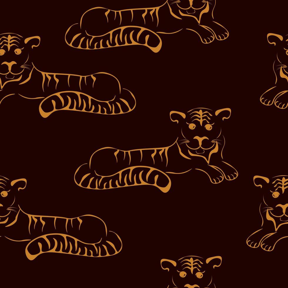 tigre silueta estilizada patrón sin costuras, tigre de contorno naranja sobre un fondo marrón oscuro vector