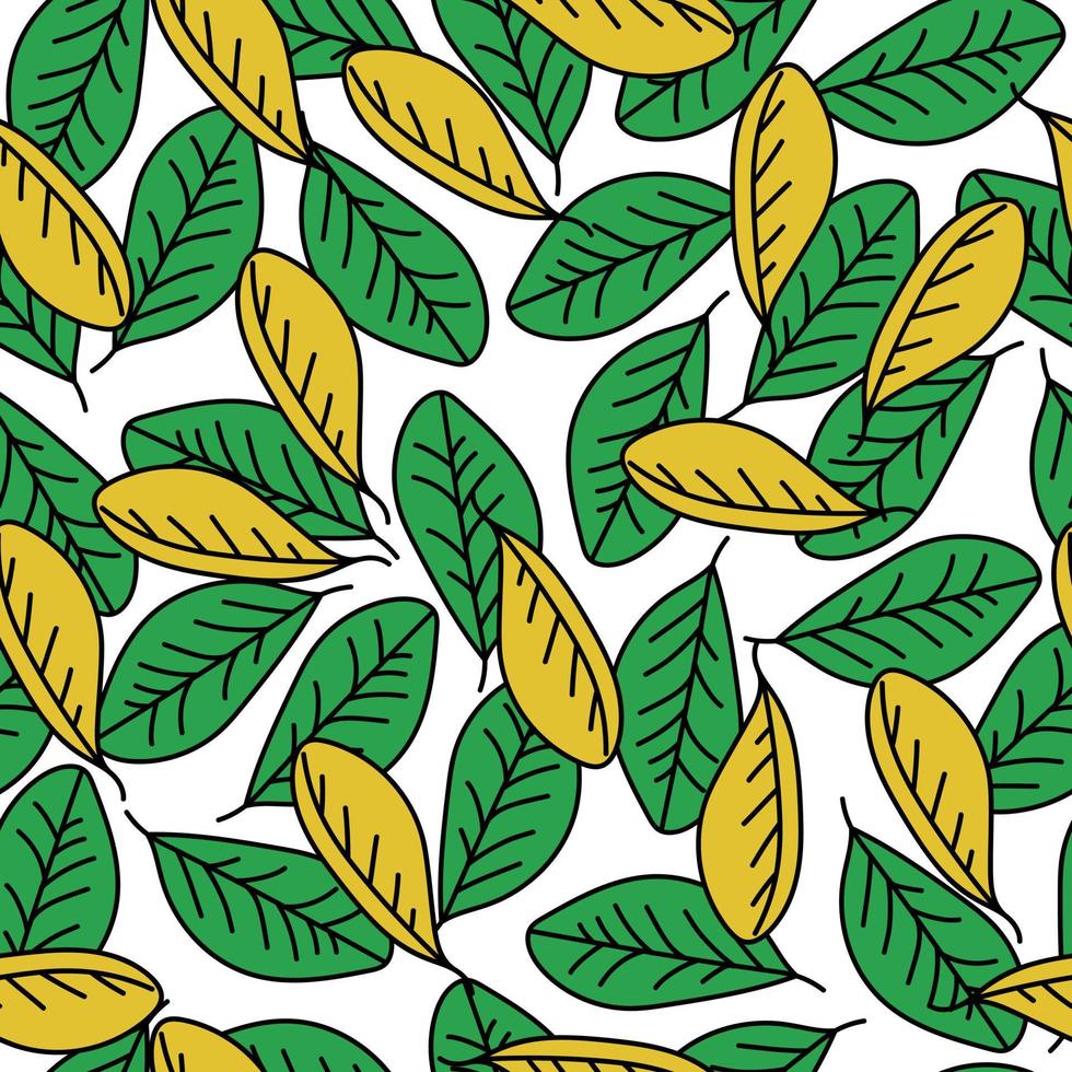 Leaves seamless pattern, green and yellow autumn leaves in doodle style on a white background vector