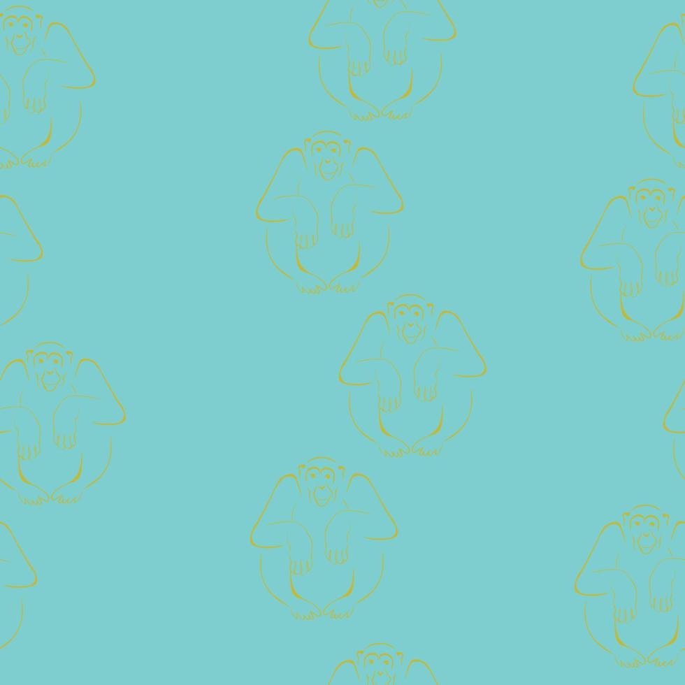 Monkey stylized silhouette seamless pattern, yellow outline monkey on a blue background vector