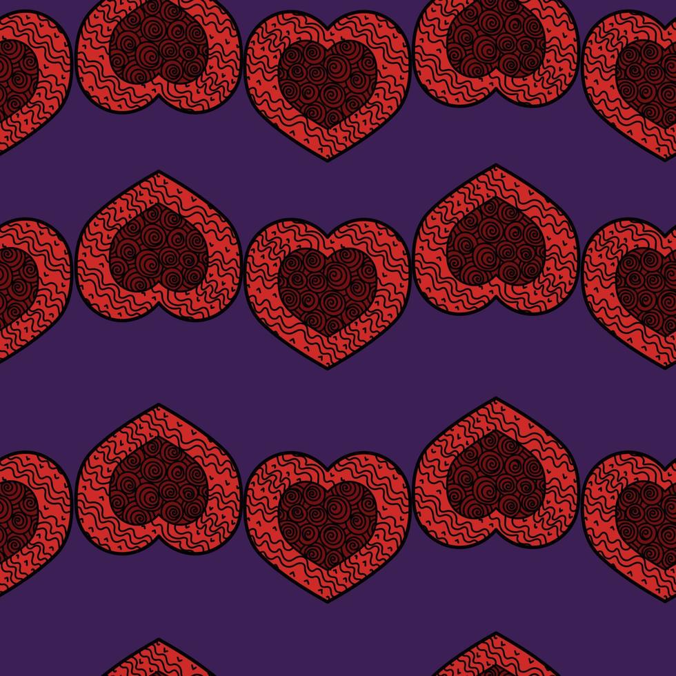 patrón impecable de corazones estampados con espirales y rayas para el día de san valentín, corazones de garabatos rojos sobre un fondo morado vector