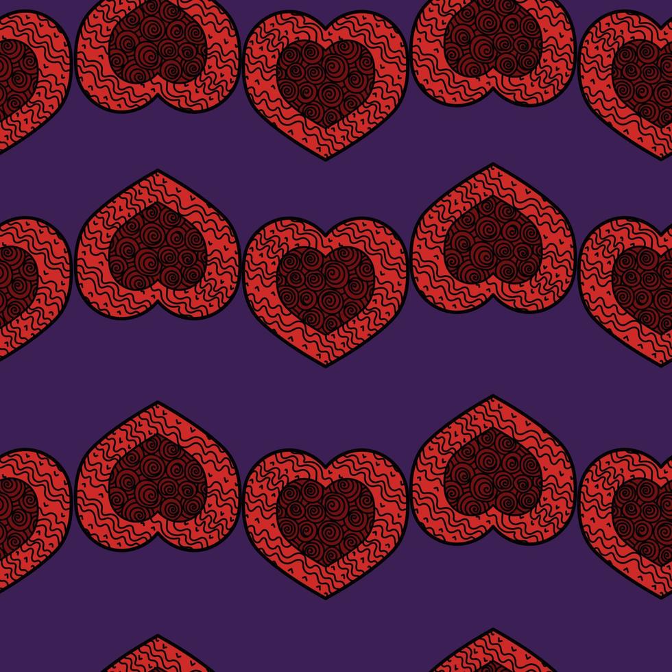 Seamless pattern of patterned hearts with spirals and stripes for Valentines Day, red doodle hearts on a purple background vector