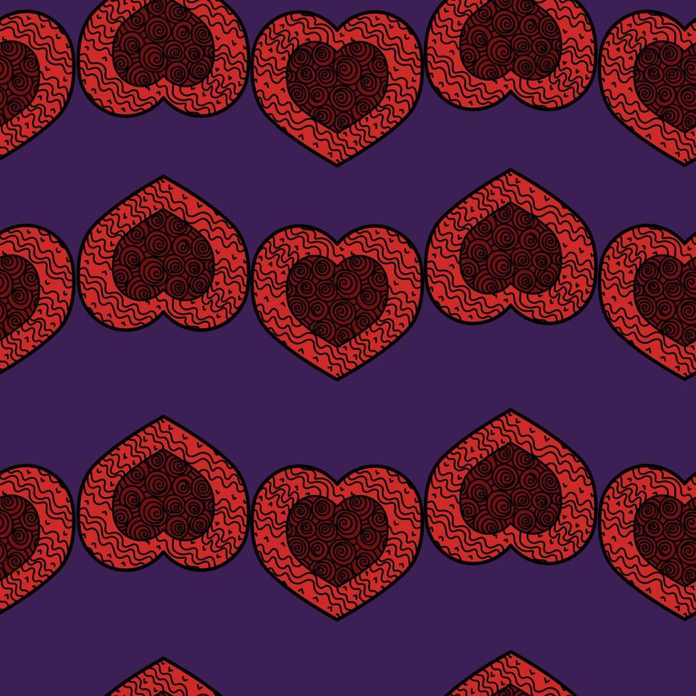 Seamless pattern of patterned hearts with spirals and stripes for Valentines Day, red doodle hearts on a purple background vector