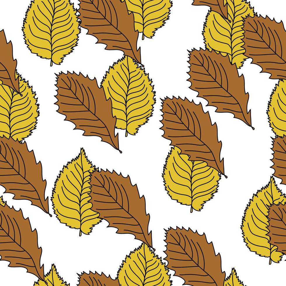 hojas de patrones sin fisuras, hojas de otoño amarillas y marrones en estilo garabato sobre un fondo blanco vector