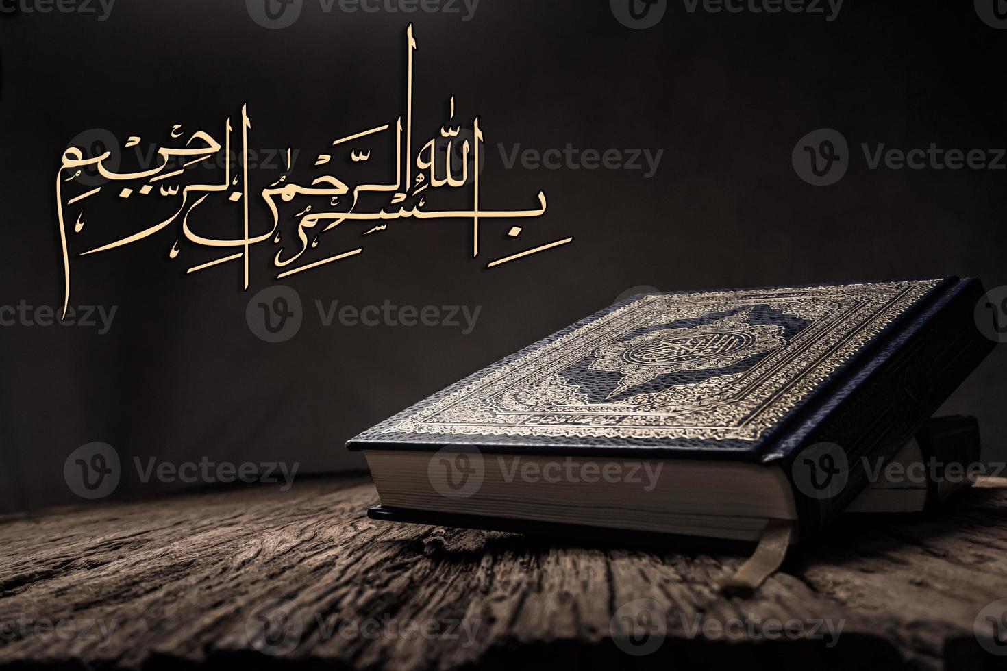 Bismillah  Mean In The Name Of Allah Arabic art  with Koran  holy book of Muslims  public item of all muslims . photo