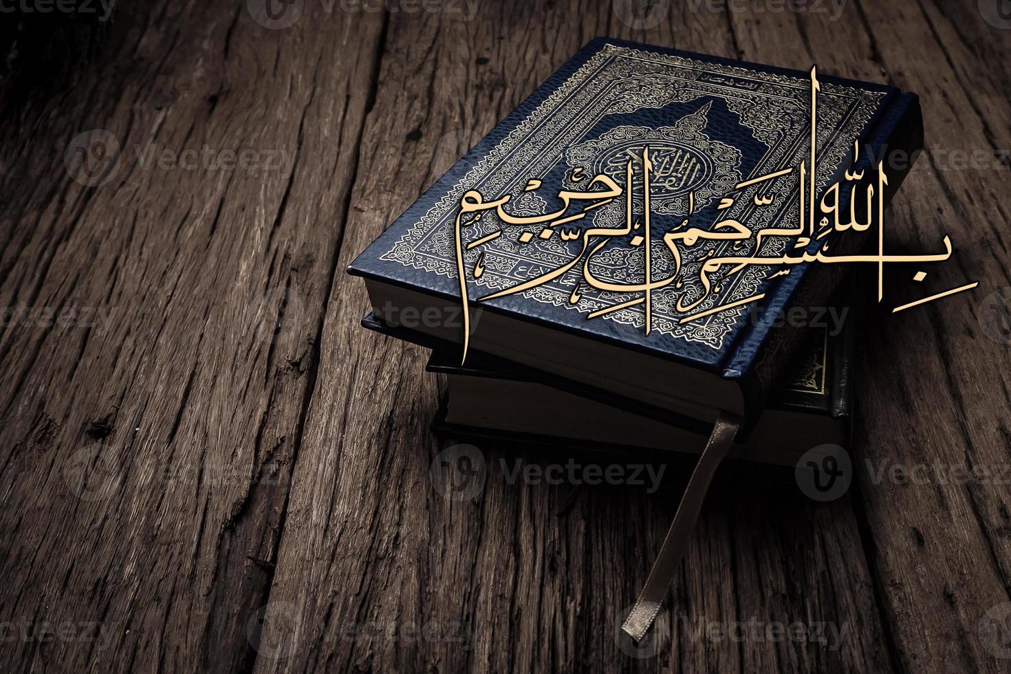 Bismillah  Mean In The Name Of Allah Arabic art  with Koran  holy book of Muslims  public item of all muslims . photo