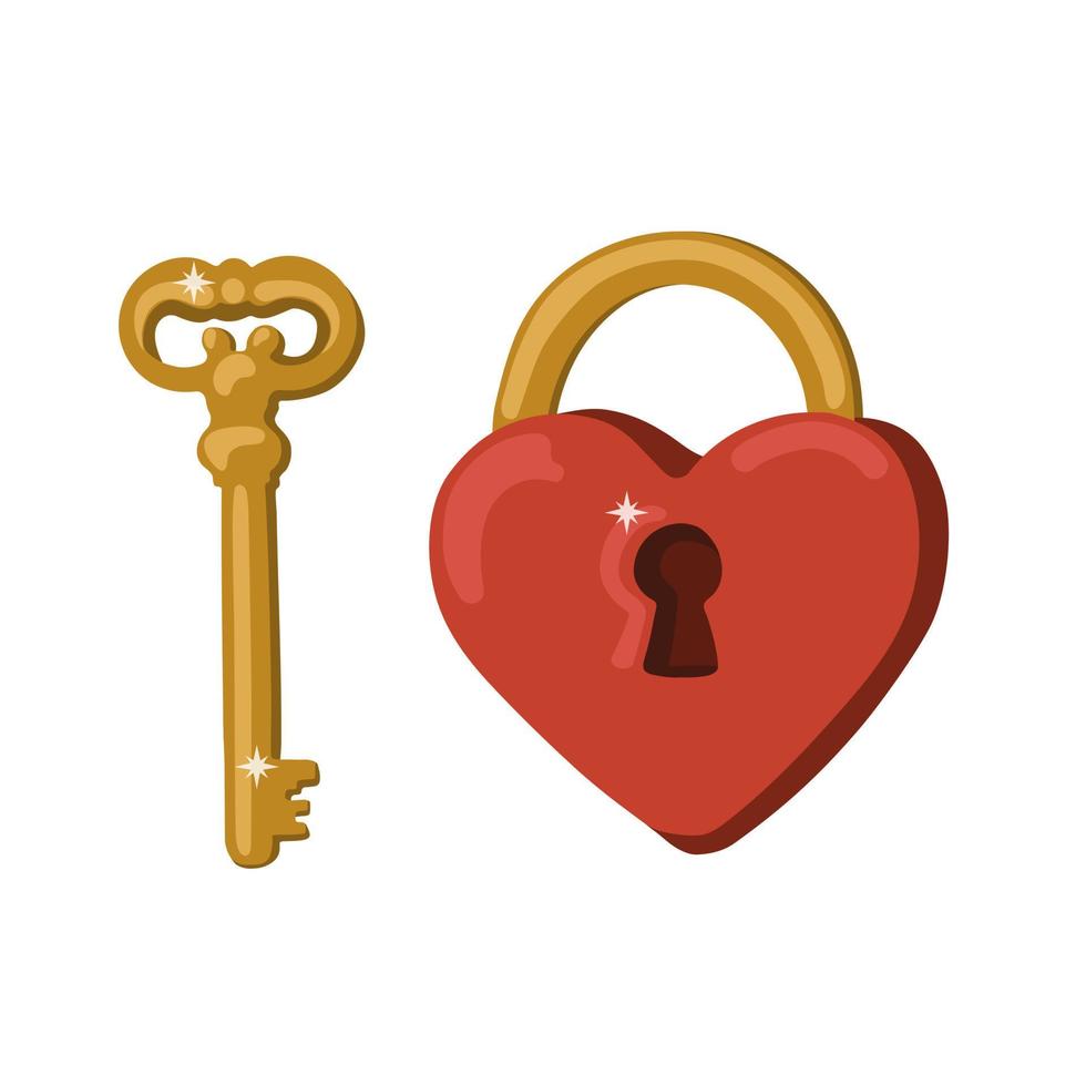 Golden Key and Heart Shape Lock Isolated Vector Illustration. Wedding and Valentine Day Symbols