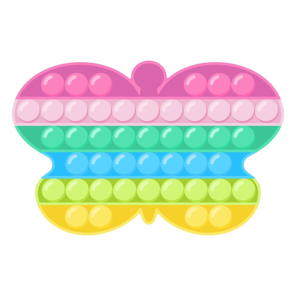 pop it fidget moderno juguete sensorial antiestrés con forma de mariposa arcoíris. ilustración vectorial aislada de estilo plano. juguete de mano para niños y adultos para relajarse vector