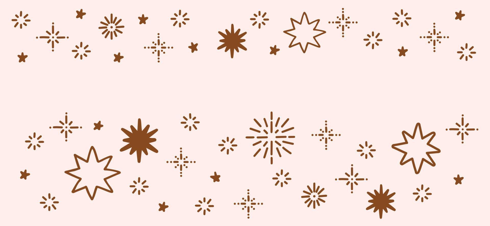 Boho stars seamless vector border. Doodle hand drawn stars banner, Boho Christmas, bohemian decoration for kids room, interior design. Horizontal banner template for web and print