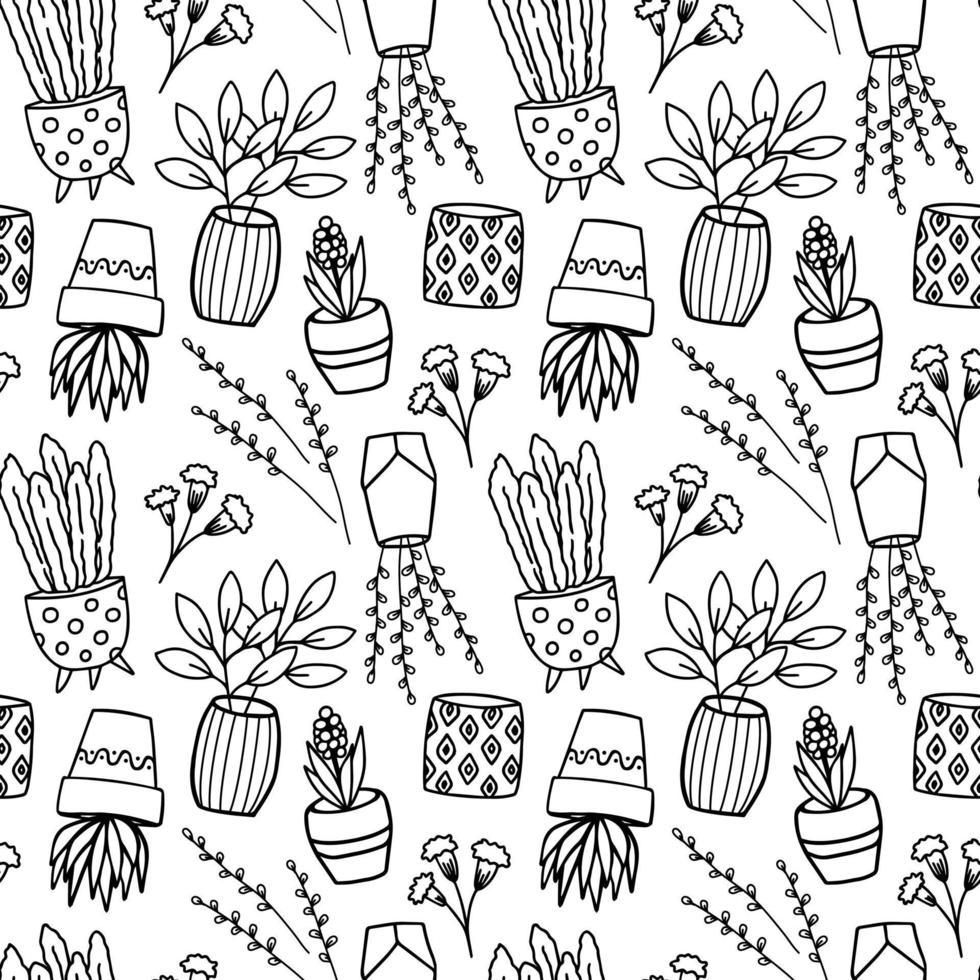 Seamless pattern with wild flowers and flowerpots on a white background. Monochrome vector doodle style background