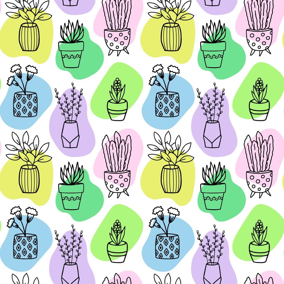 Seamless pattern with wild flowers and flowerpots on a white background with color shapes. Vector doodle style background