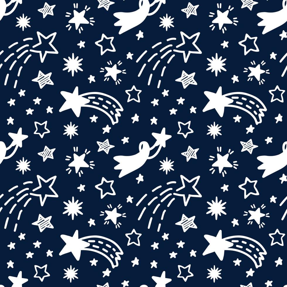 Stars and comets hand drawn seamless pattern on the dark blue backdrop. Vector doodle style background