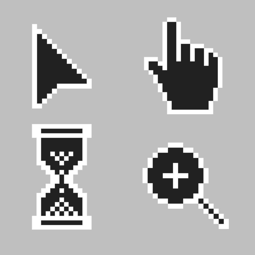 Black and white arrow, hand, magnifier and hourglass pixel mouse cursor icons vector illustration set