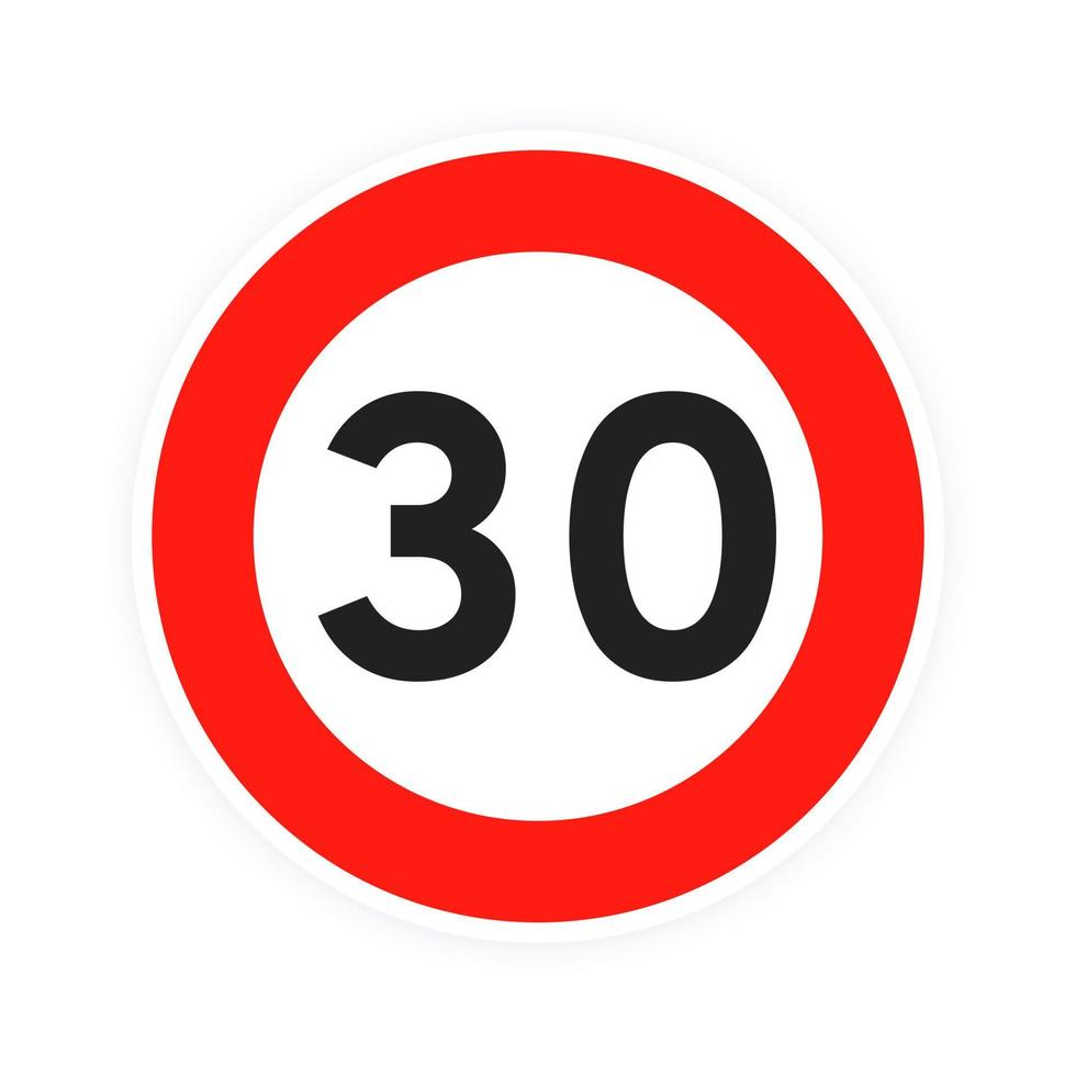 límite de velocidad 30 icono de tráfico de carretera redondo signo plano estilo diseño vector ilustración aislado sobre fondo blanco.