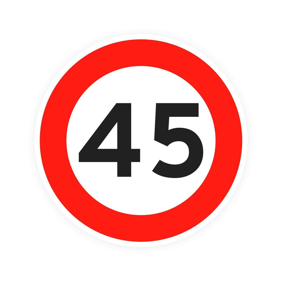 límite de velocidad 45 icono de tráfico de carretera redondo signo plano estilo diseño vector ilustración aislado sobre fondo blanco.