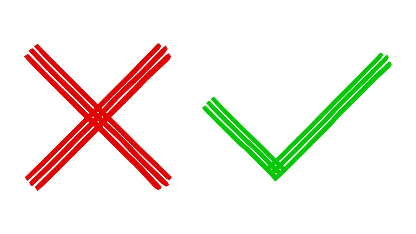 dos sucios grunge dibujados a mano con trazos de pincel cruzan x y marcan las marcas de verificación ok vector