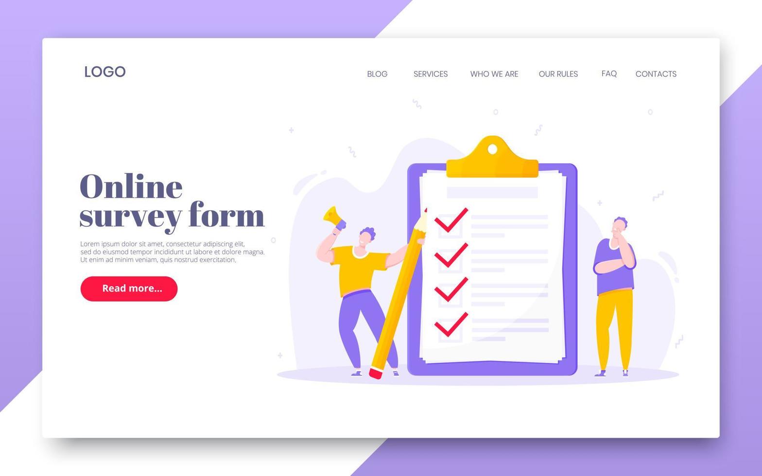 Online survey form business concept with tiny person with megaphone. vector