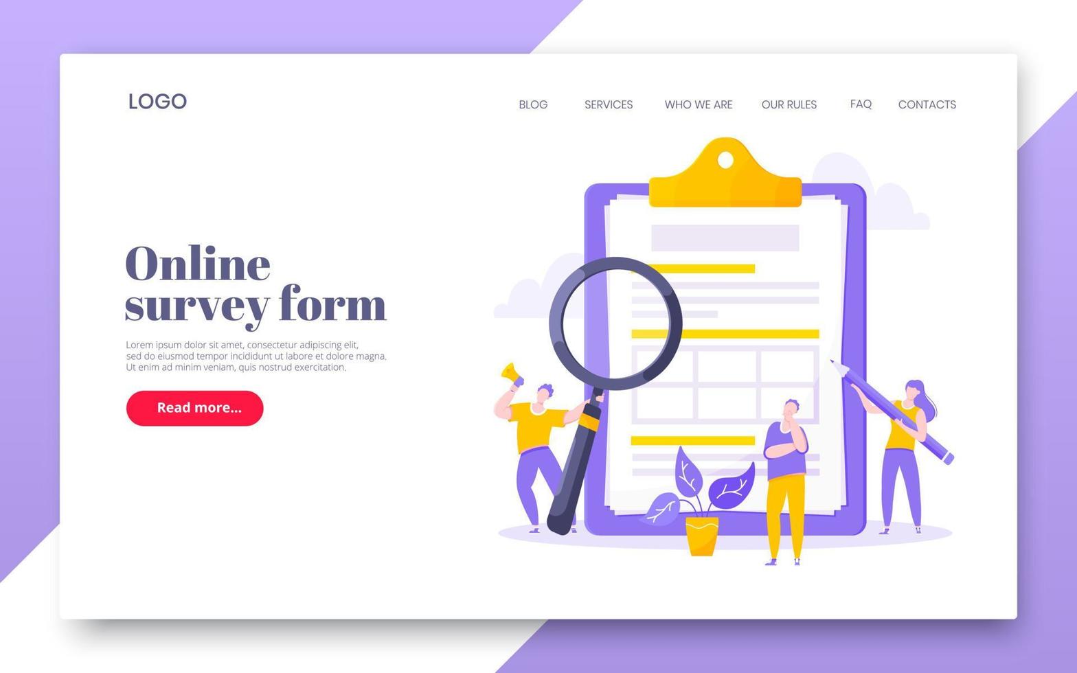 Online survey form business concept with tiny person with large pencil nearby giant clipboard vector