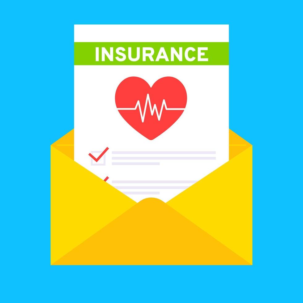 Medical insurance envelope letter claim form with file paper sheets flat style design vector illustration.