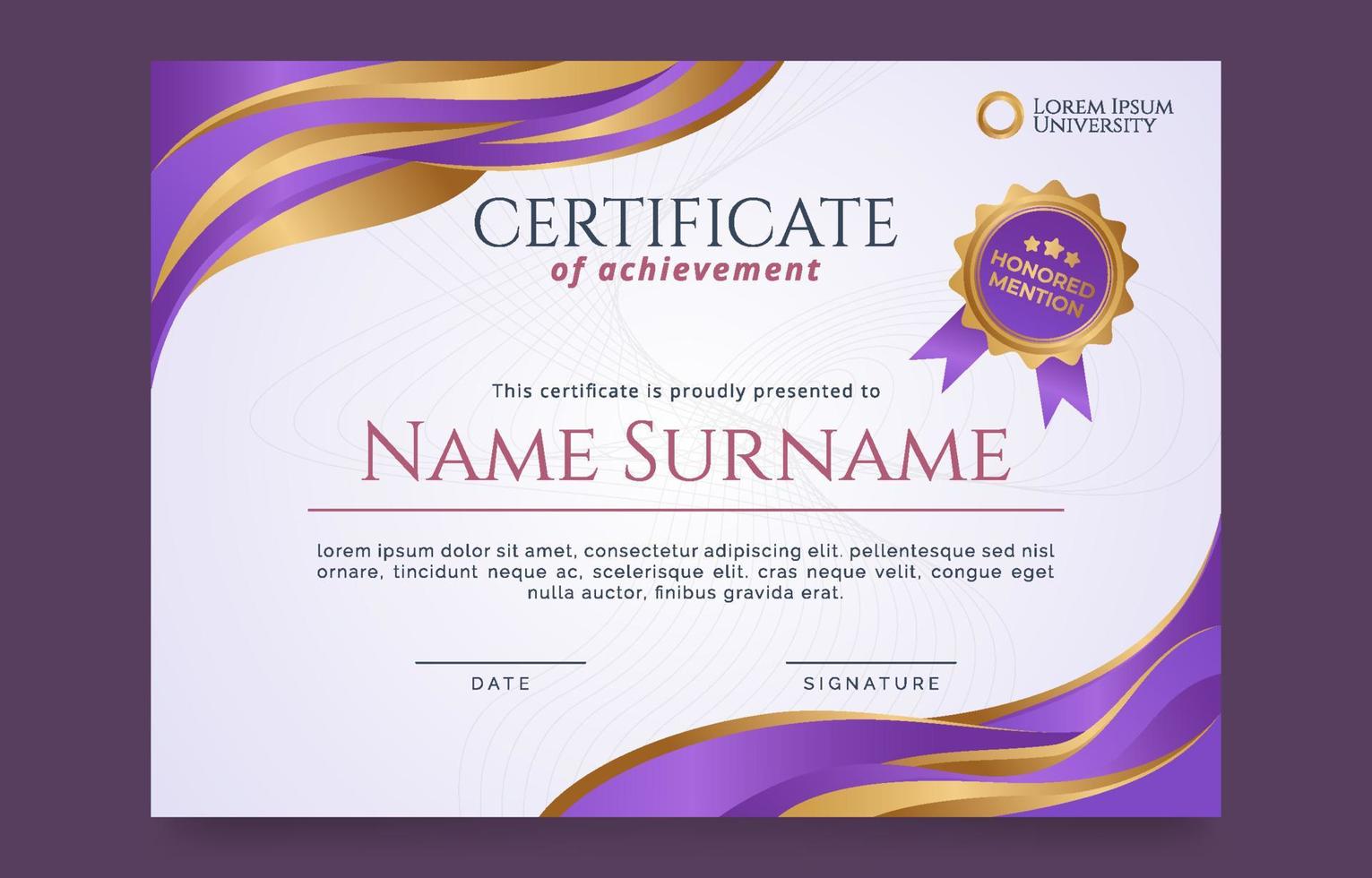 Purple Gold University Certificate Template vector