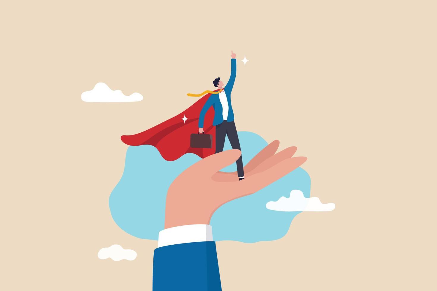Support or encouragement or promote to be leader, help to succeed in work, assist to new career opportunity, leadership or business growth concept, confidence businessman super hero in supported hand. vector