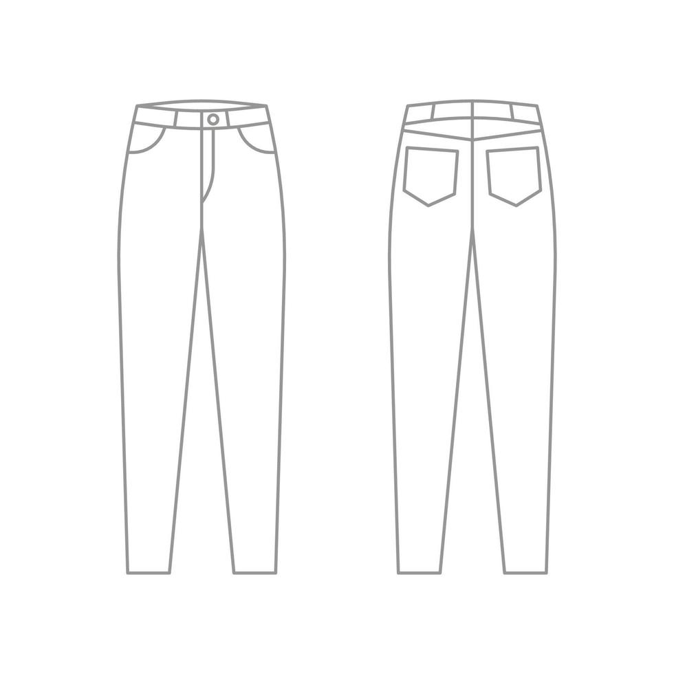 Jeans pants technical outline template, trousers denim with pockets. Fabric trousers mockup with front, back view. Vector flat illustration