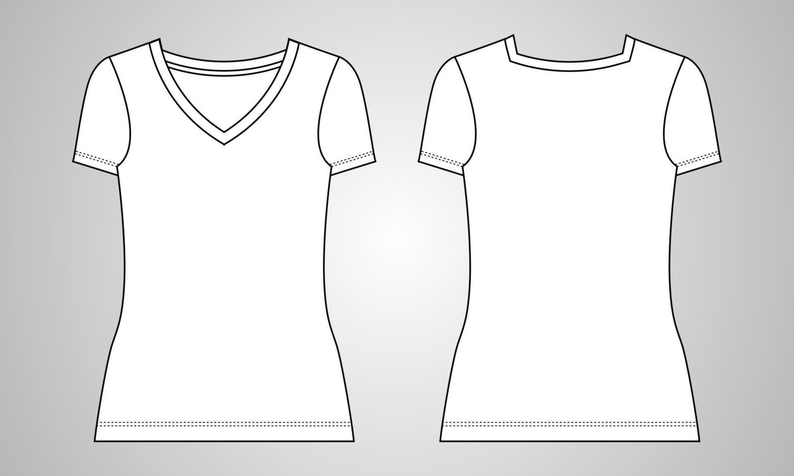 Elegante camisa de manga corta con cuello en V y ajuste regular para damas. Vista frontal y posterior de la plantilla vectorial de boceto plano de moda técnica general. ropa camiseta dibujo plano vector maqueta.