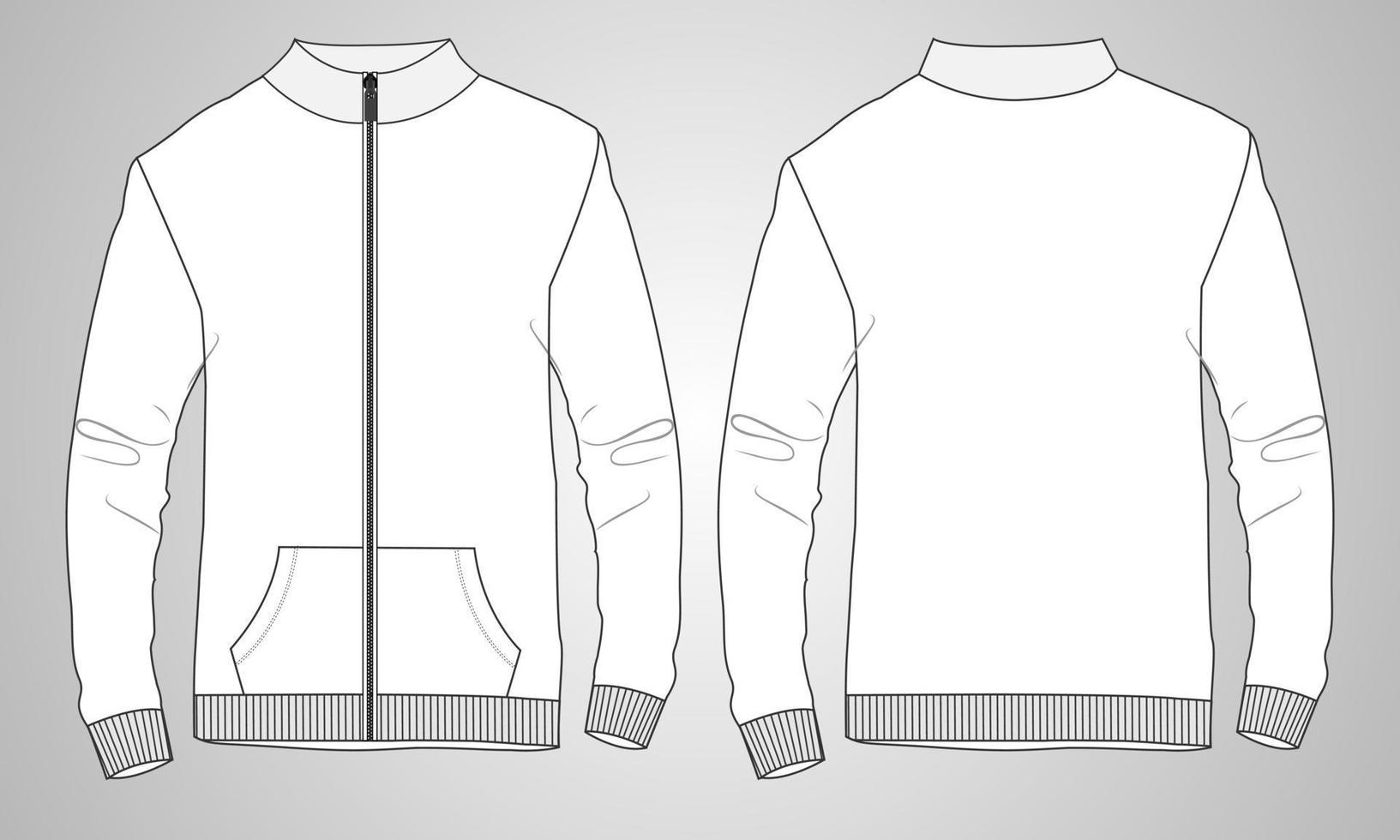 Slim fit Long neck and zipper with sleeve jacket overall technical fashion sketch flat vector template in windcheater front and back view. Apparel Jacket Flat drawing vector mock up.