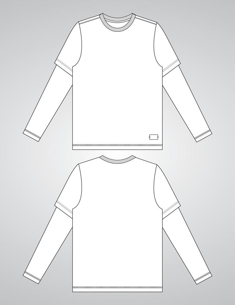 Long sleeve T shirt overall technical fashion flat sketch vector Illustration template front and back views isolated on Grey background. Basic apparel Design Mock up for Men's, Kids and boys.