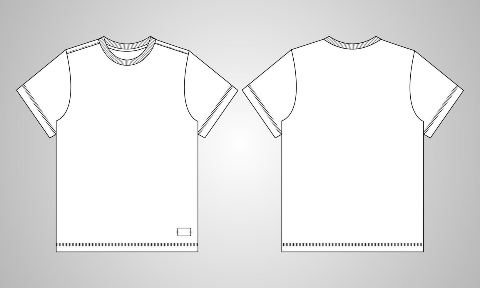 Camiseta de manga corta de corte regular con boceto técnico y plantilla plana de moda con escote redondo. ilustración vectorial diseño básico de ropa vista frontal y posterior. edición fácil y personalizable. vector