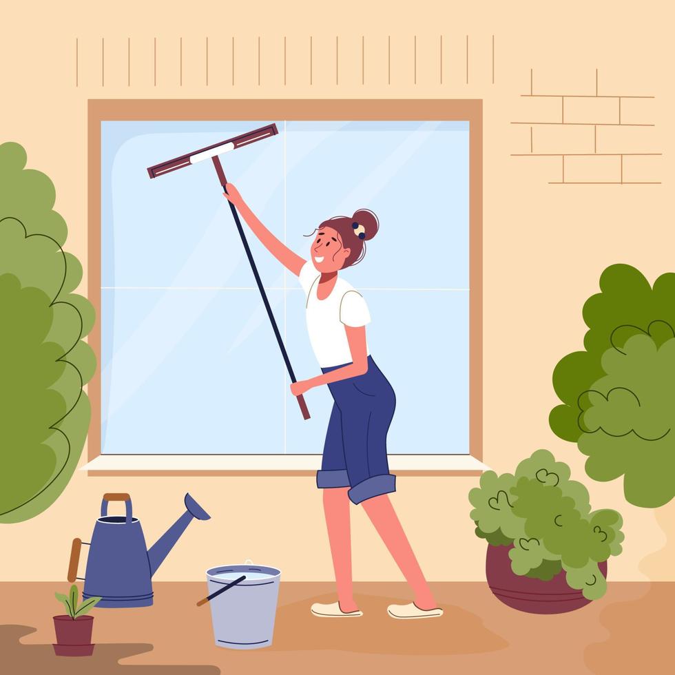 Woman standing on patio and washes window of her house with window scraper and water. Happy female character doing spring cleaning outside. Flat vector illustration