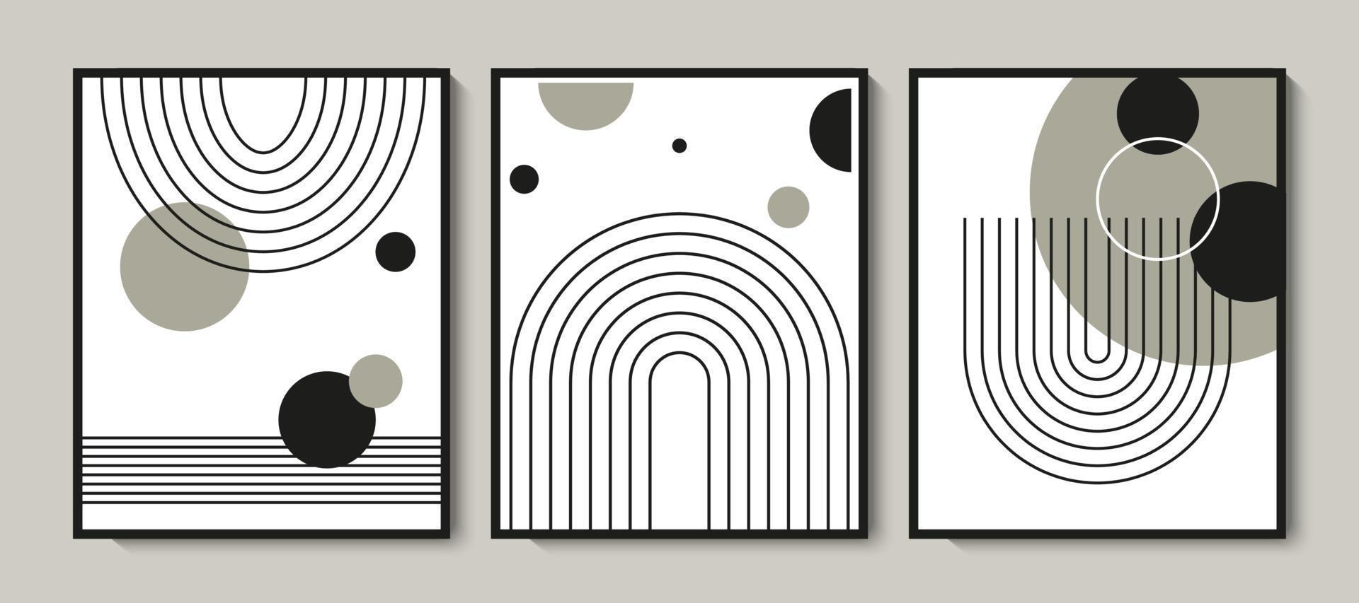 Abstract mid century pattern background set. Collection of modern retro print in black and white colors. Vector illustration for wall decor, wallpaper, card, invitation, cover design