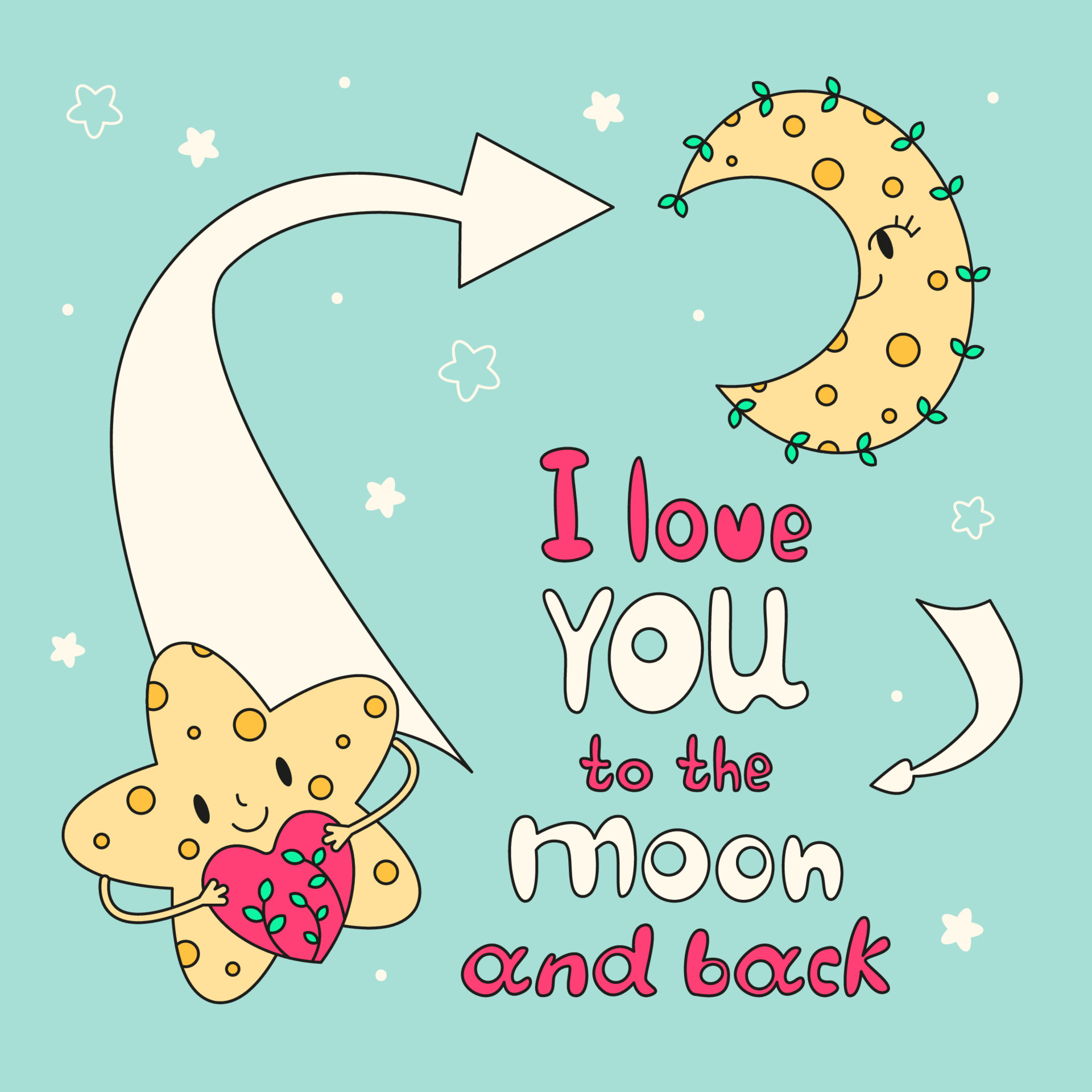 Cute star with heart and floral moon. I love you to the moon and back  lettering. Valentine's day card, poster, print. Declaration of love 6533546  Vector Art at Vecteezy