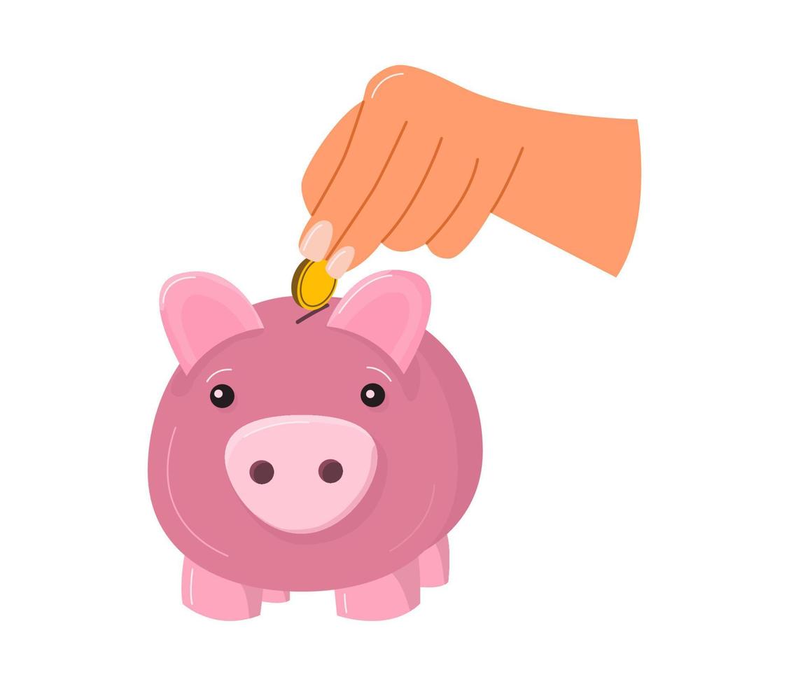 Female hand putting gold coin to piggy bank. Person holding money. Saving money, wealth and financial concept. Flat cartoon vector illustration isolated on white background