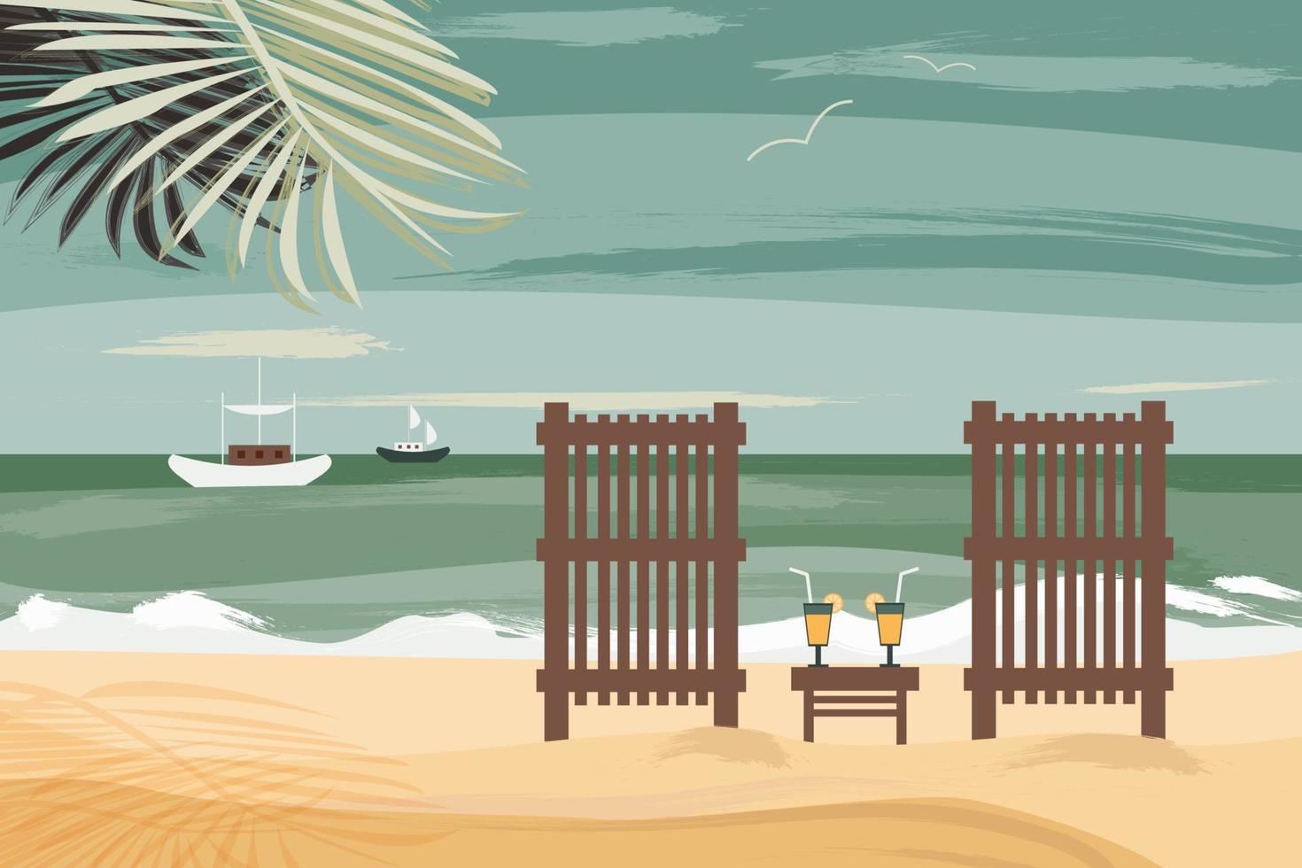 Modern sea landscape. Paradise beach panorama with palm tree, loungers and sky. Exotic resort summer vacation concept. Flat vector illustration for travel agency web banner, flyers, cards