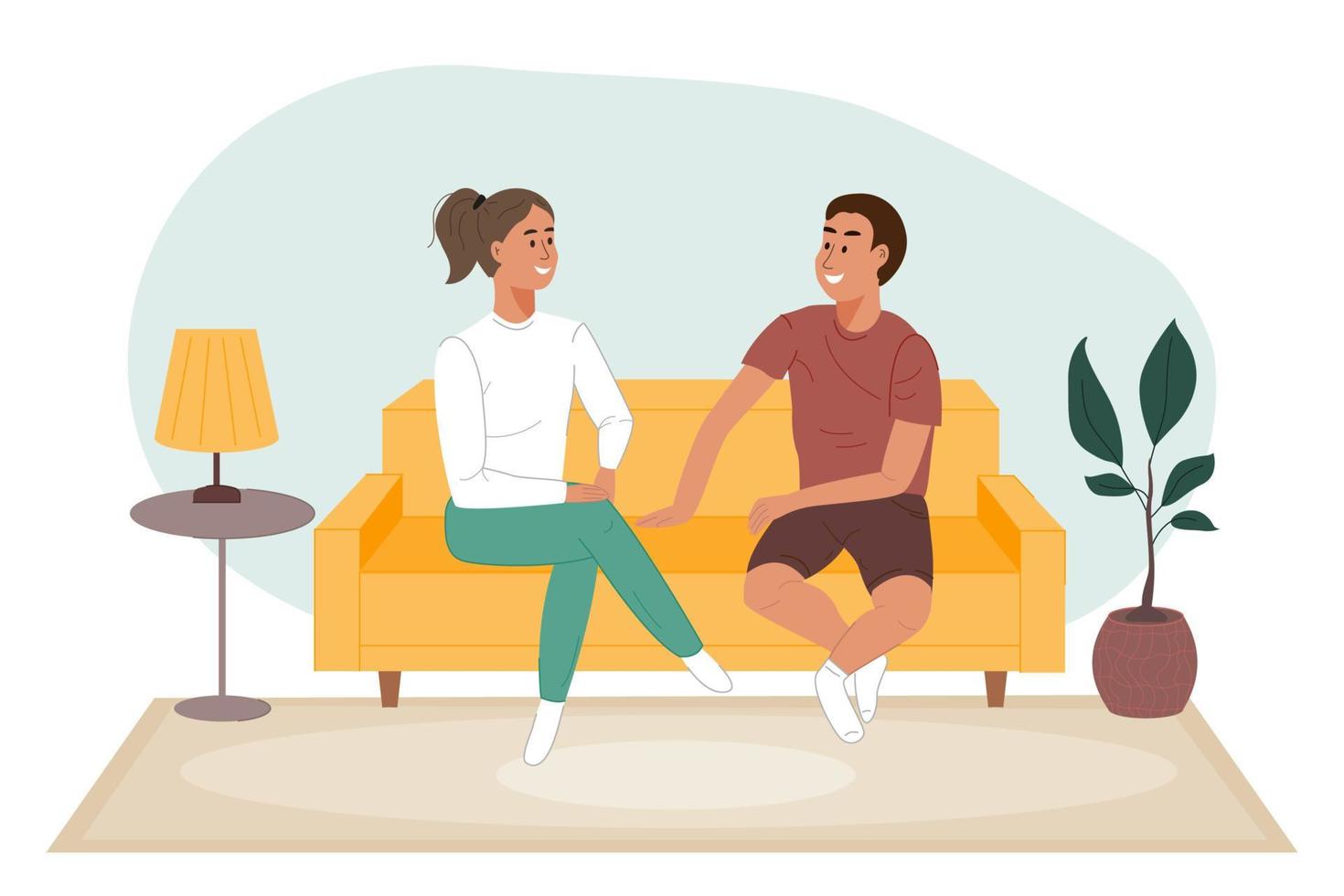 Happy couple talking and sitting on the sofa in the living room. Young man and woman spend time together at home. Family home leisure. Flat vector illustration